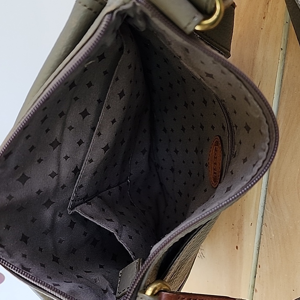 Fossil Morgan Pebbled Leather Traveler Crossbody Bag Purse Satchel Grey Green - Picture 5 of 12
